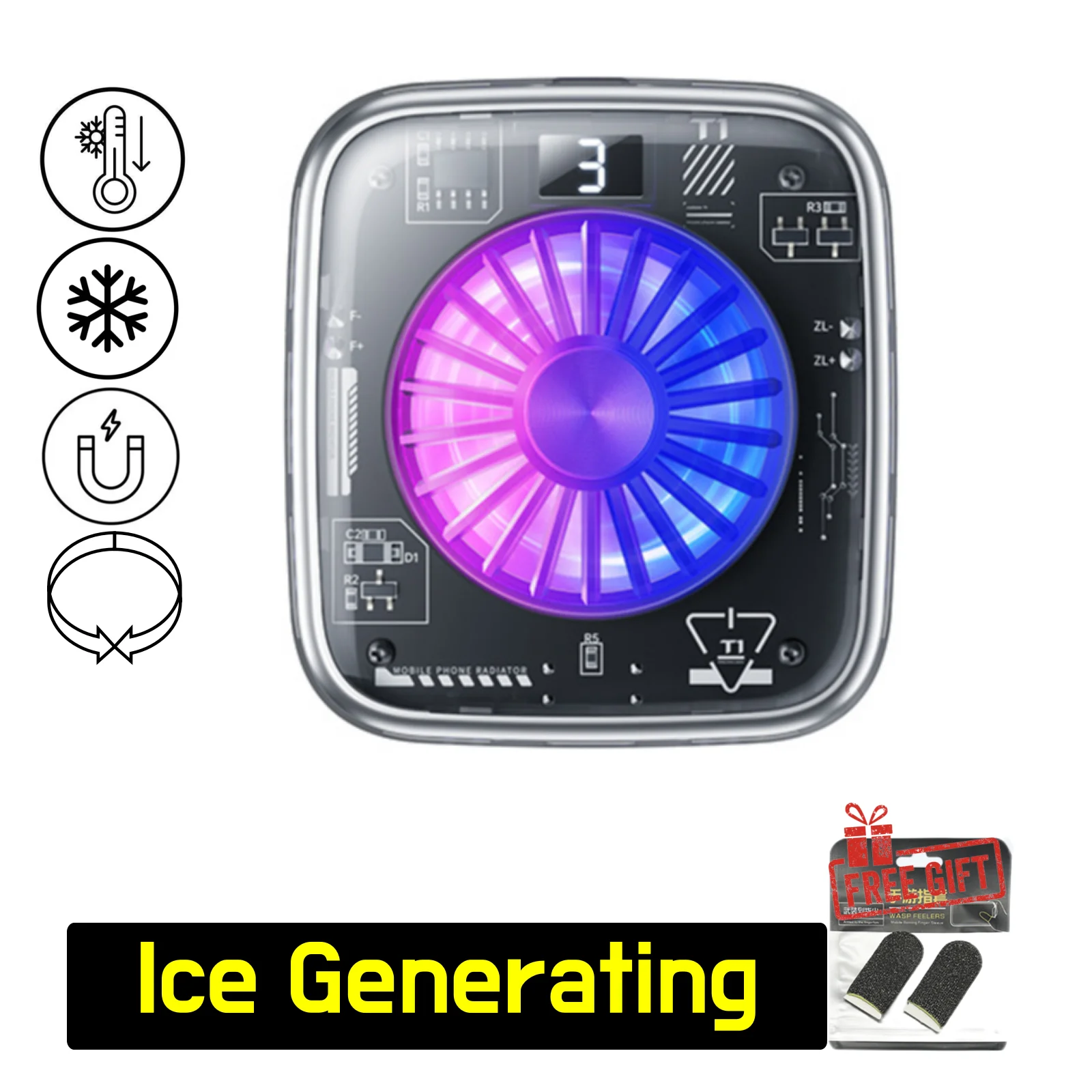 High-Performance Gaming Phone Cooler, Semiconductor with Ice Generation, Magnetic & Clip-On Design with RGB Lighting Effects