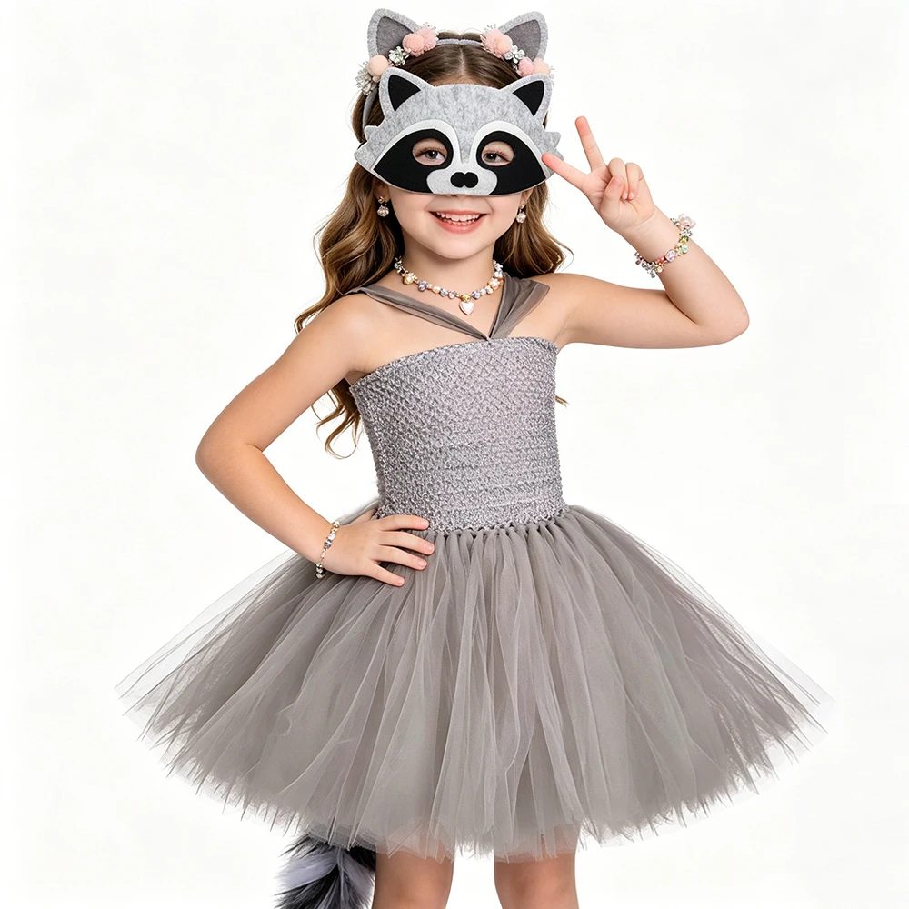 Kids Gray Raccoon Costumes Girls Animal Tutu Dress with Long Tail Mask Children Halloween Carnival Outfit Birthday Fancy Outfit