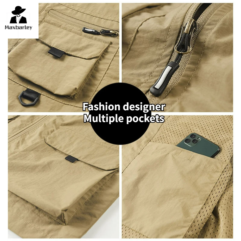 Chaleco sin mangas con múltiples bolsillos para hombre, chaqueta de malla con cremallera para acampar al aire libre y pescar, chaleco de trabajo informal para fotógrafo, talla grande 5XL