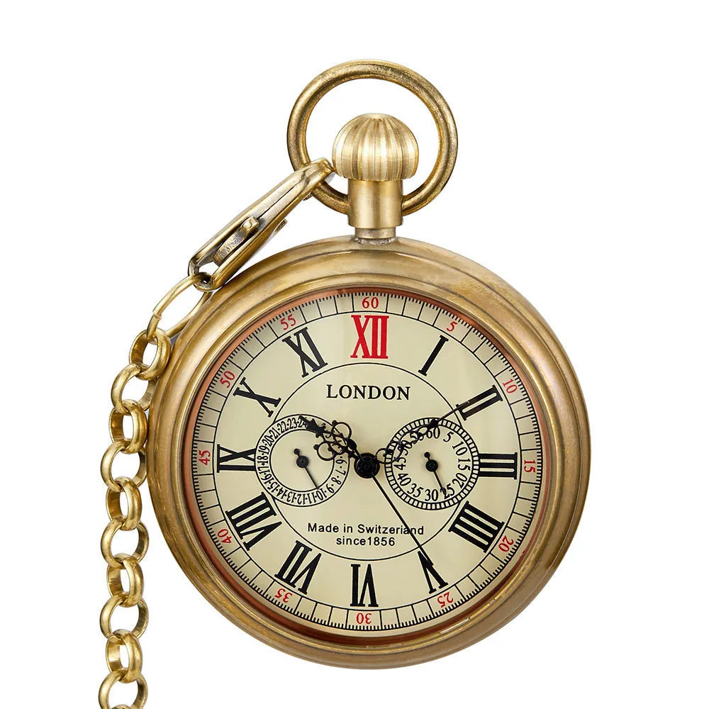 Men's Vintage Full Copper Hand-Wind Mechanical Second&24hours Sub-dials Pocket Watch in Box