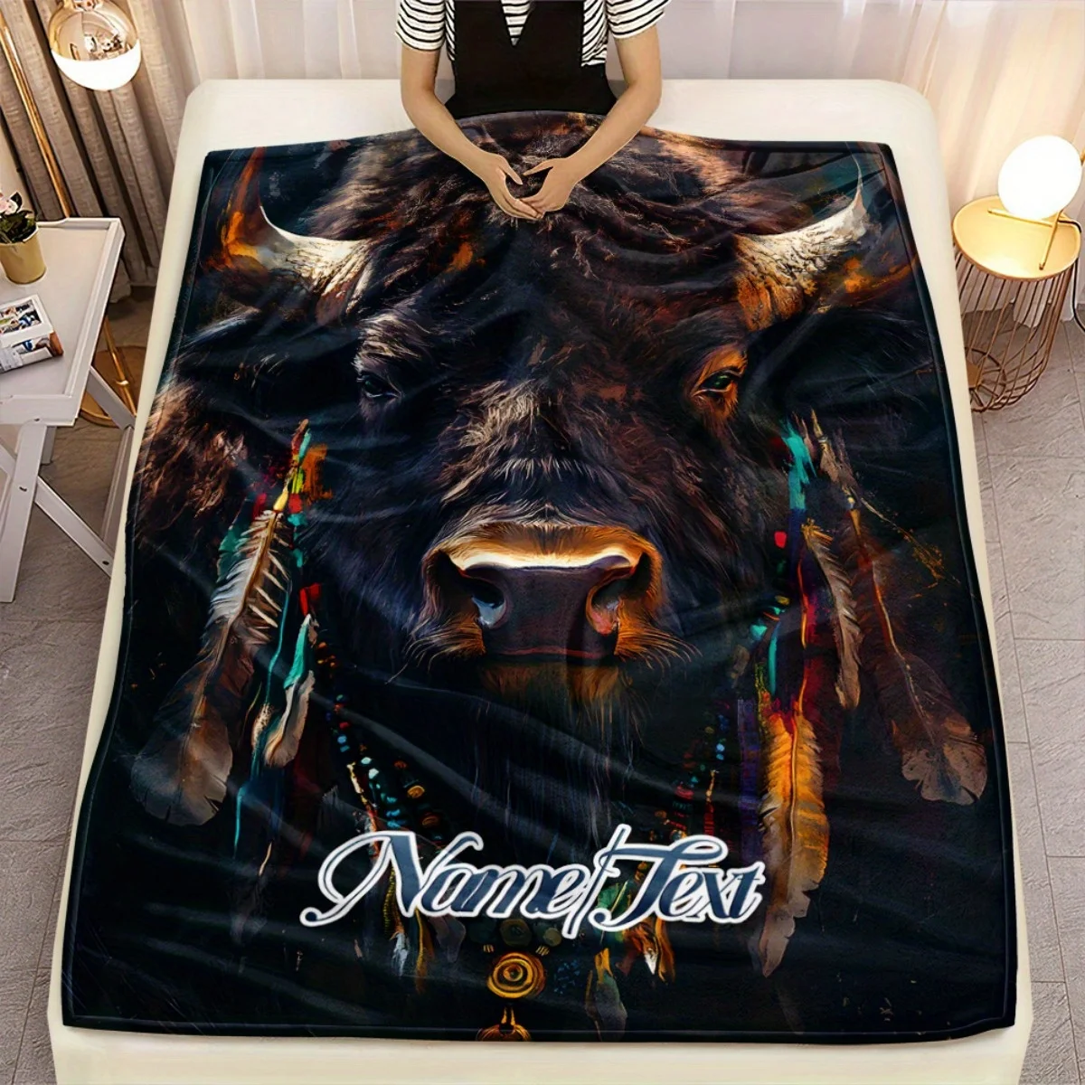 Custom Name Flannel Blanket with Bull Head & Feather Design Soft Cozy All Seasons for Bedding or Home Decor Blanket for Bed