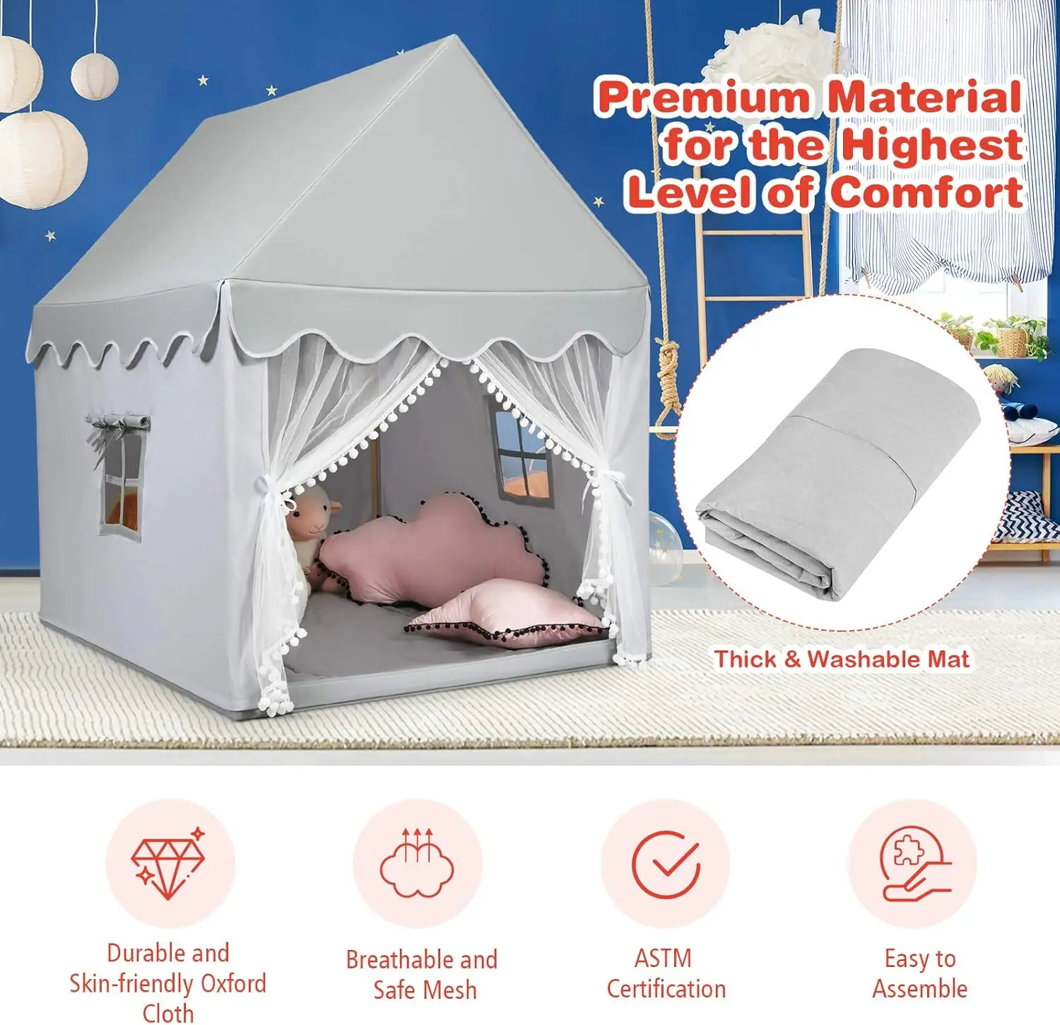 Maison de jeux intérieure pour enfants, tente féerique de château de jeu pour enfants avec grand tapis confortable, rideau et fenêtres respirantes, style sur le toit