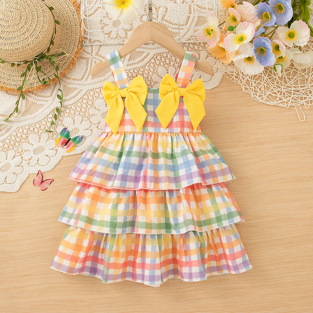 Gelbes Schleifen-Sling-Baby-Mädchen-Kleid, sommerliche neue bunte karierte ärmellose Kinderkleidung für Babys im Alter von 0 bis 3 Jahren