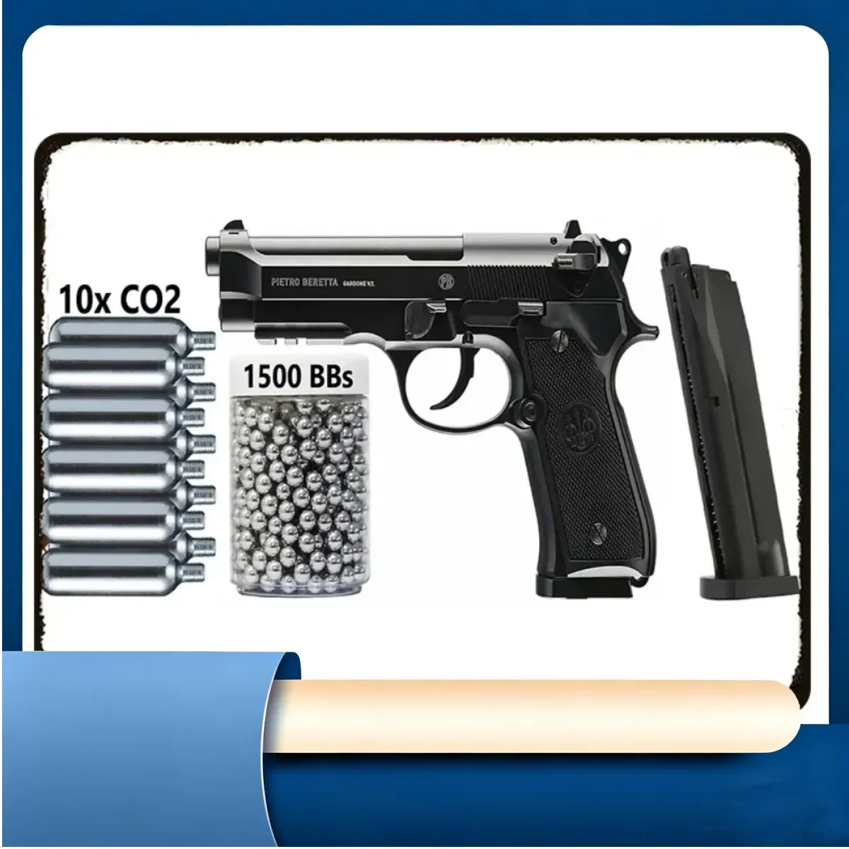 Placa de Metal Vintage 2D Plana HD - Conjunto de Armas de Airsoft Retrô com Letreiro de Lata: "Pistola CO2 Pietro Beretta 10x Cartuchos de CO2 1500 BBs"