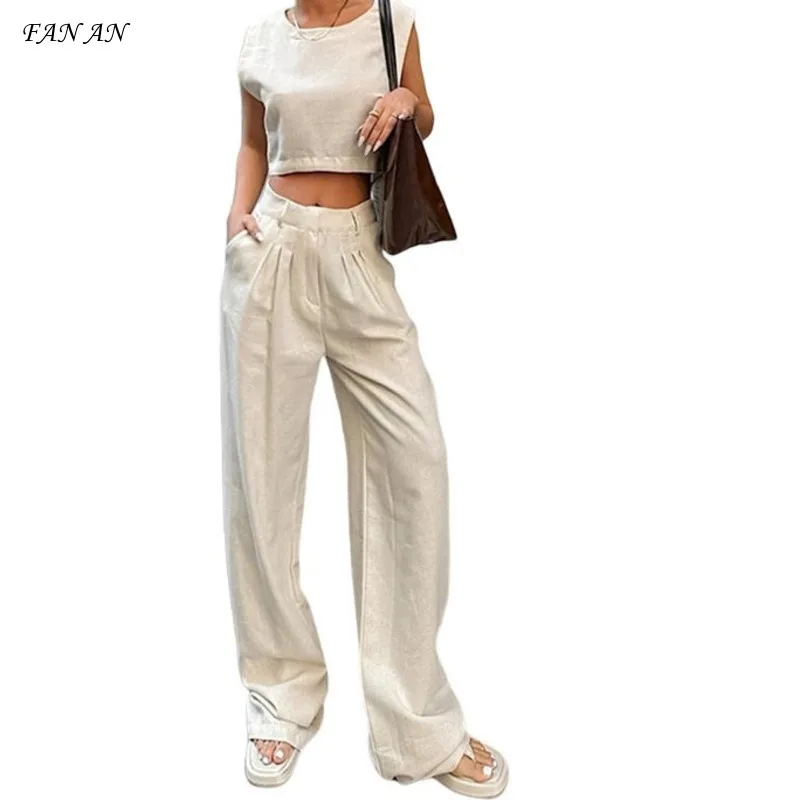 

2024 Summer New Cotton and Linen Short Vest Pants Two-piece Street Casual Khaki Suit Women's Commuter Two-piece Women's Suit