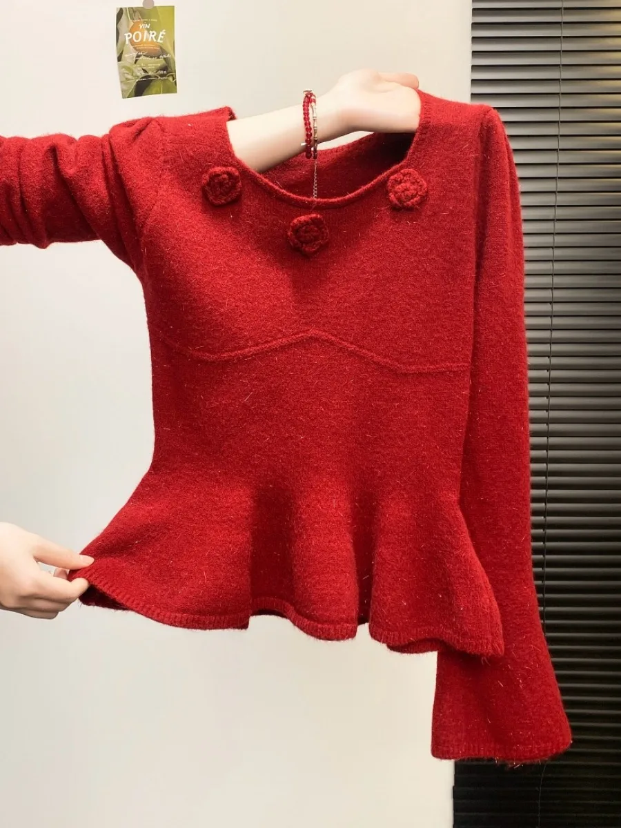 

3D Knitted Flower Women's Long Sve Top High-End Design Sensation Bell Bot Inner Wear Autumn Winter Commute Sle Korean...