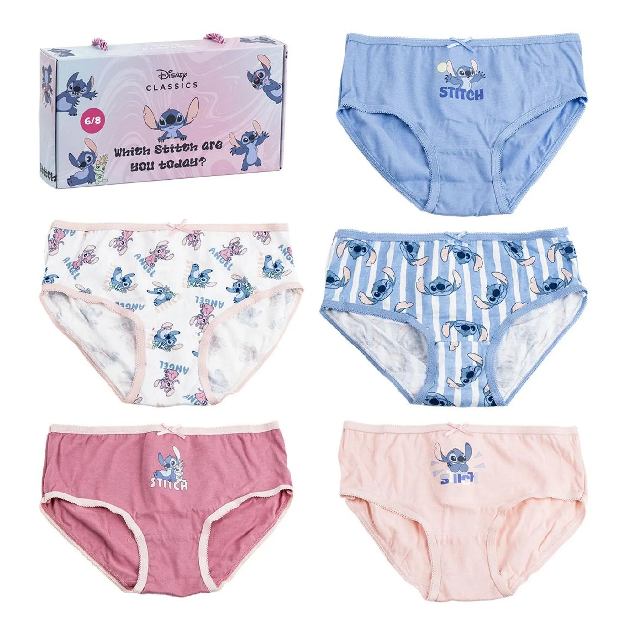 Pack de 5 Braguitas de Algodón Disney Stitch para Niña, Ropa Interior Cómoda y Colorida con Estampados de Personajes, Ideal para Uso Diario