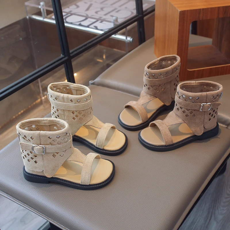 Kids Hollow Cutout High Top Gladiator Sandals, Single Wide Toe Strap Metal Buckle Ankle Wrap Suede Flat Summer Boots
