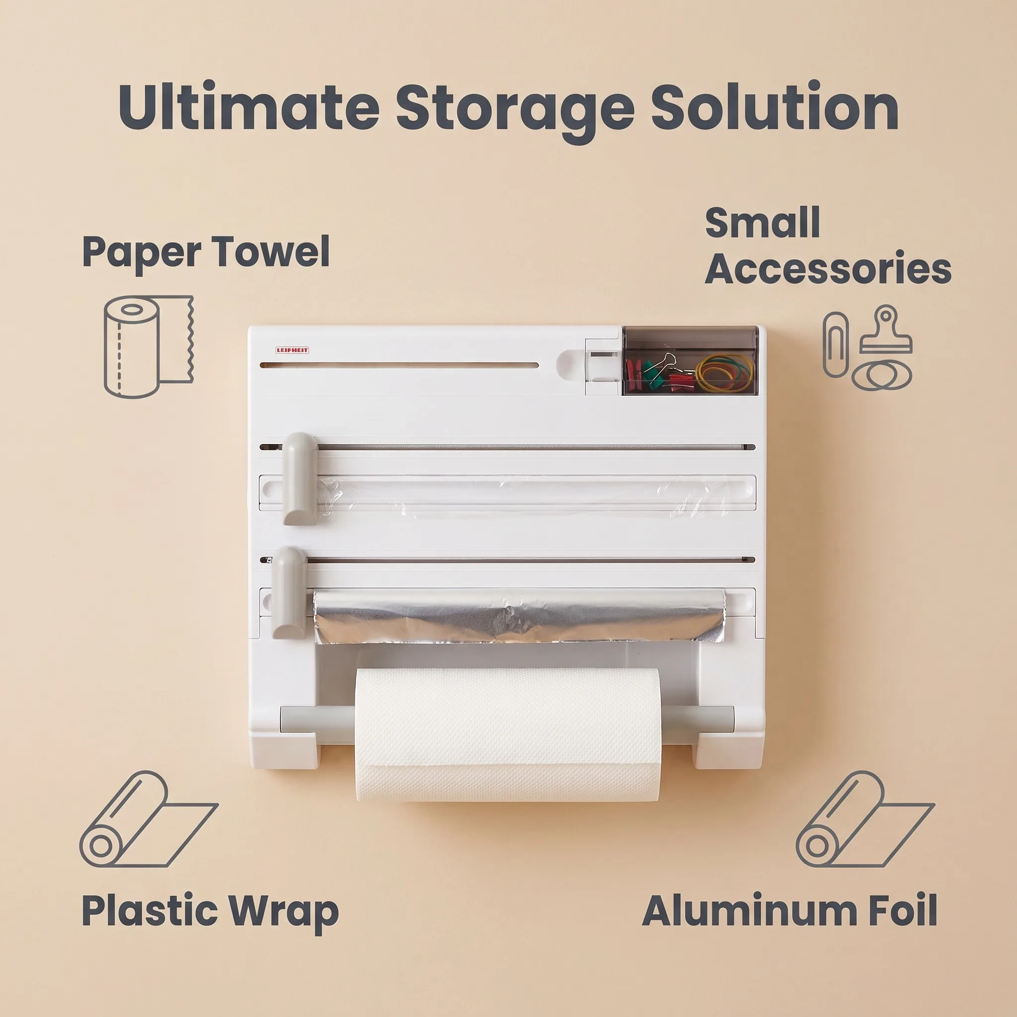 6-in-1 Wall Mount Kitchen Wrap Dispenser Plastic Wrap Foil Paper Towel Holder with Cutter Space-Saving for Small Kitchens