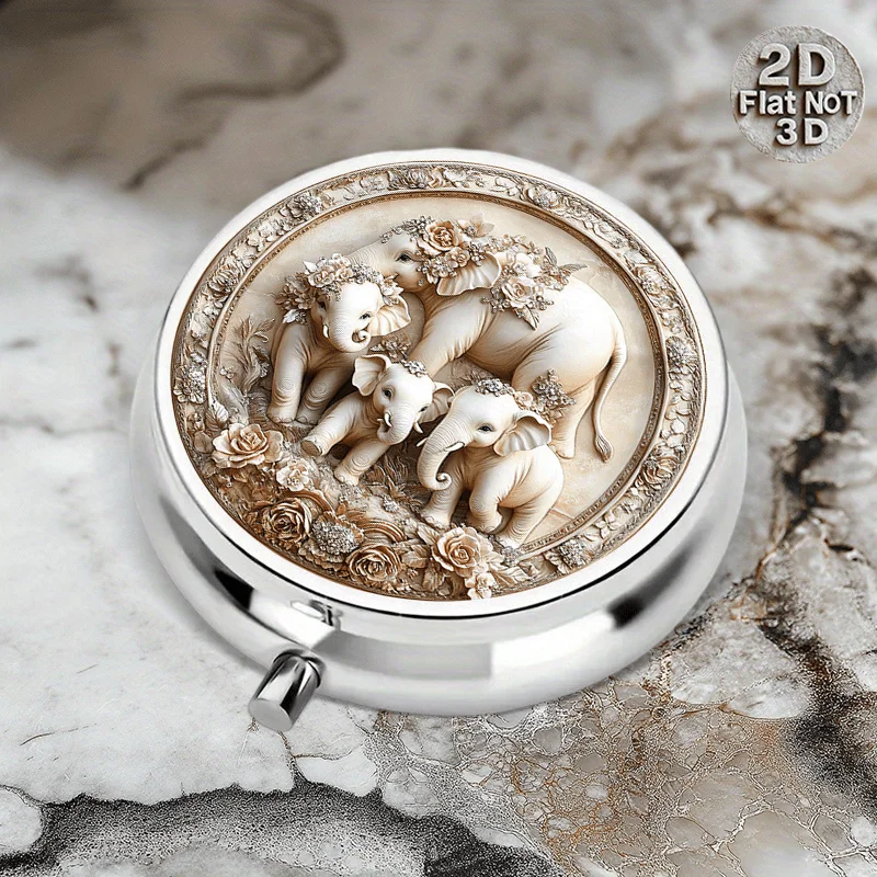 A portable round three-compartment metal pill box, featuring an elegant white elephant family and floral pattern with a distressed frame - suitable for food-safe medications, vitamins, travel, fitness, daily use, vitamin storage in handbags, artistic pill box, polished finish, durable storage solution, flat design