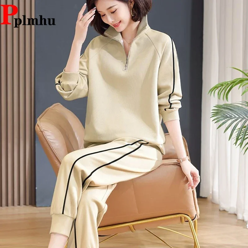 

Casual Side Strip Zipper Polo Sweatshirt 2 Piece Set Fall Fashion Classic Top Tracksuit Baggy Running Wear Jogger Pant Conjuntos