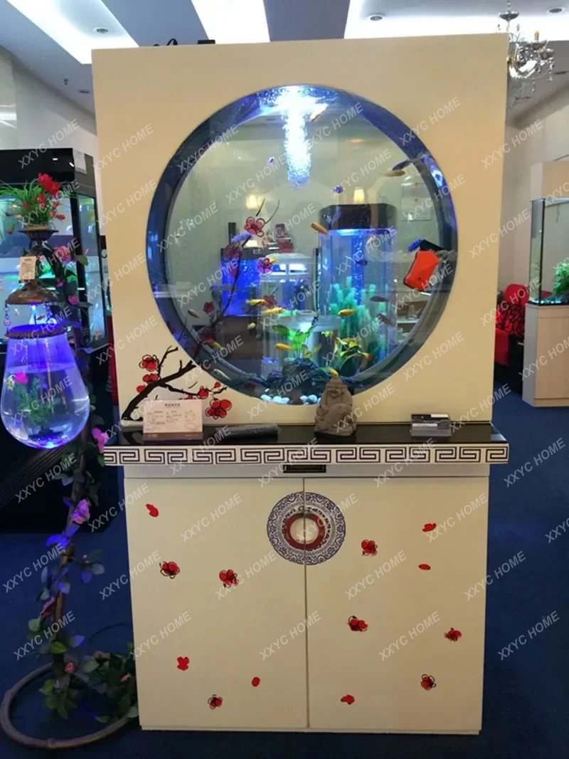 A Bottom Filter New Fish Tank Living Room Partition Floor Round Glass Water-free Lazy Aquarium