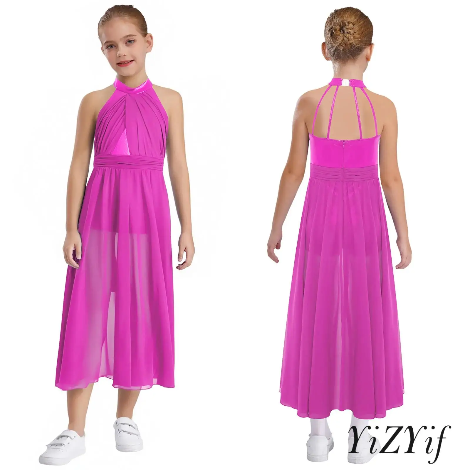 

‌Elegant Chiffon Performance Split Dress for Kids Girls Shimmery Bodice Ruched Detail for Modern Lyrical Dance Competitions