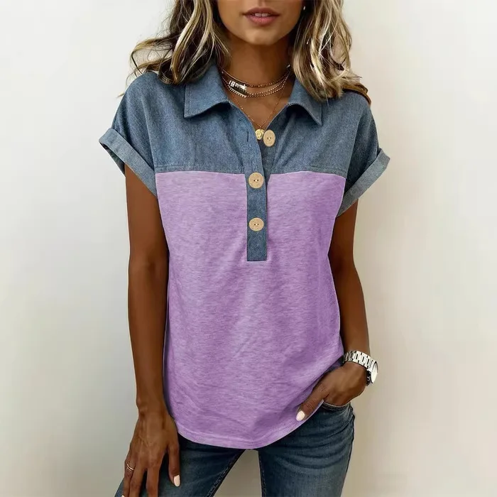 Summer Turn-down Collar With Button Short Sleeved T Shirt Top Women Multi Color Splicing Design Casual Versatile T-shirts Tops