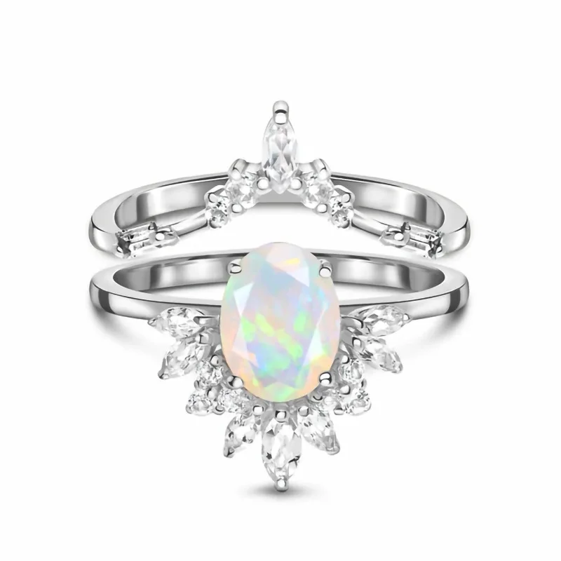 

Explosive S925 Sterling Silver Oval Moonstone Micro-Diamond Double Ring Women's Trendy Fashion Versatile