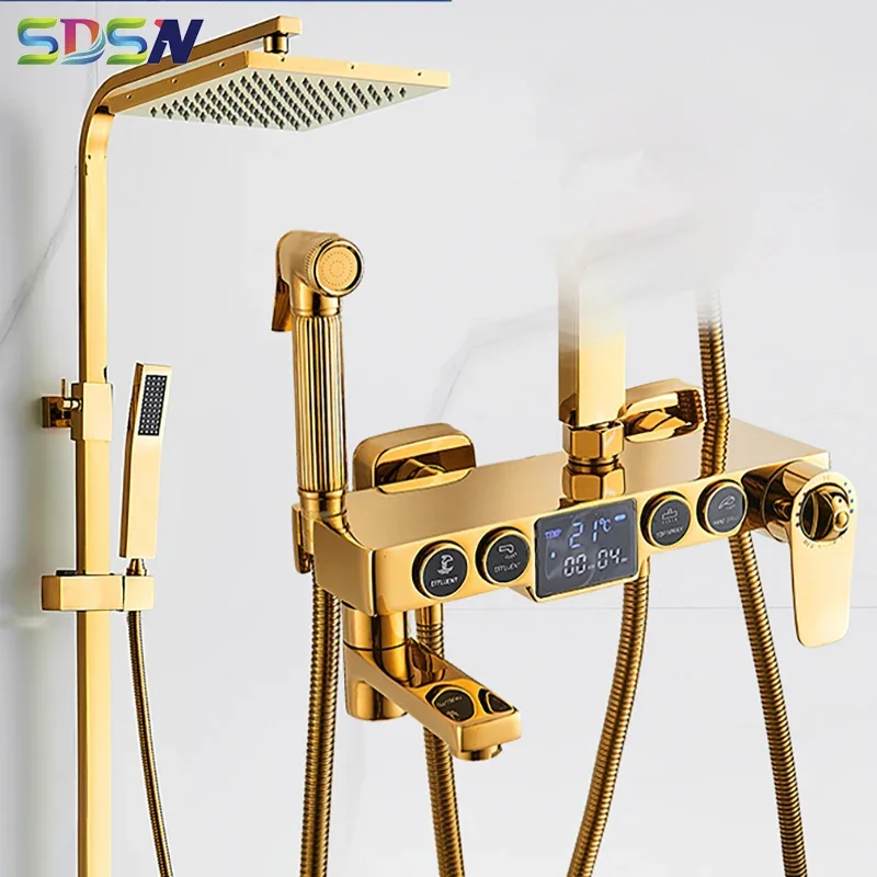 Gold Thermostatic Bathroom Shower System Faucet 9 Inch Rainfall Shower Head Home Improvement Hot Cold Digital Shower Set Faucets