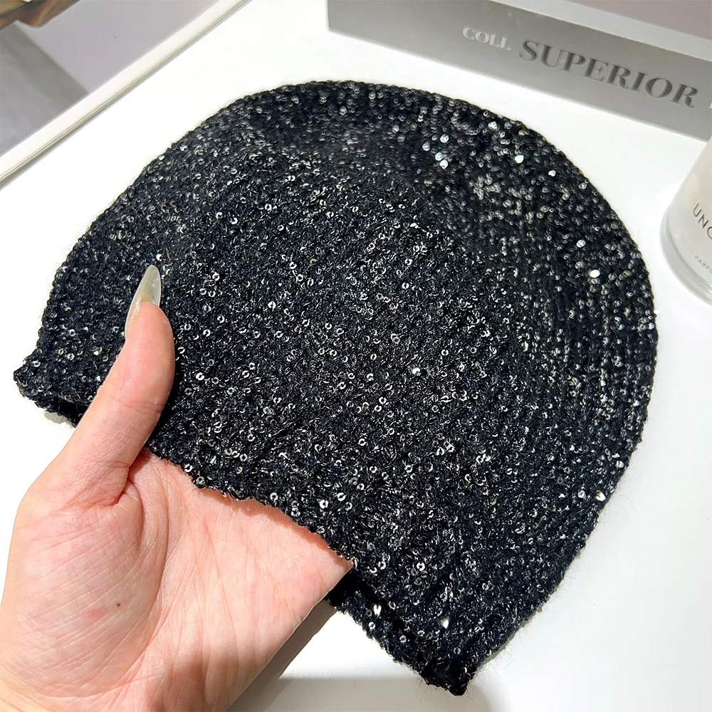 Gorro de punto coreano brillante y frío para otoño e invierno, gorros con lazo con lentejuelas, gorros con purpurina para niña, bolso de moda,