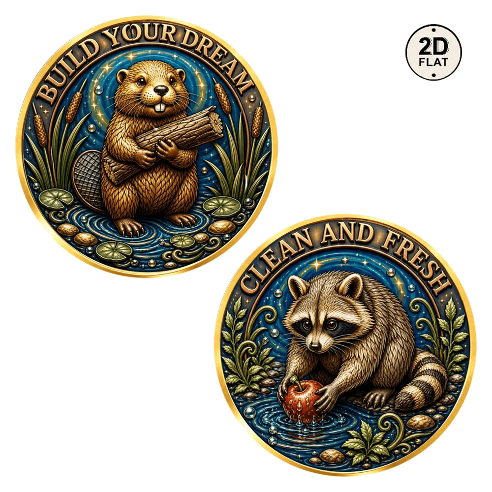 1pc Color Print Woodland Wildlife Souvenir Coin Hardworking Beaver & Washing Raccoon Challenge Coin Gift for Outdoor Admirers