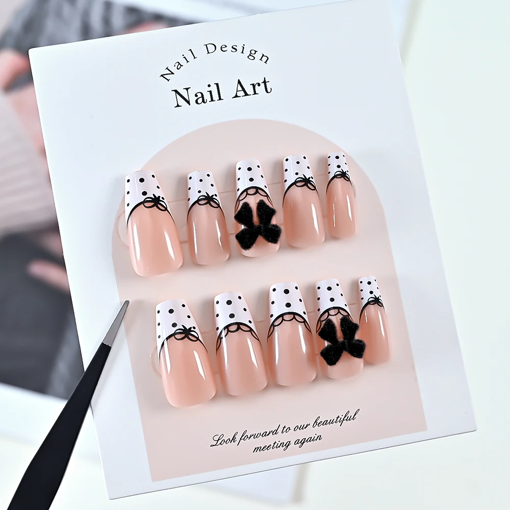 1box Retro Black White Polka Dots Fake Nails Ribbon Bow Lace French Y2K Press On Nails For Women Japanese Style Girls Manicure