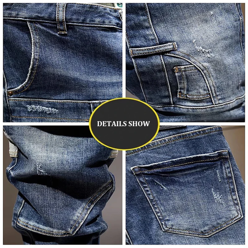 

Street Designer Fashion Men Jeans Retro Washed Blue Stretch Slim Fit Patched Ripped Jeans Men Spliced Hip Hop Denim Biker Pants