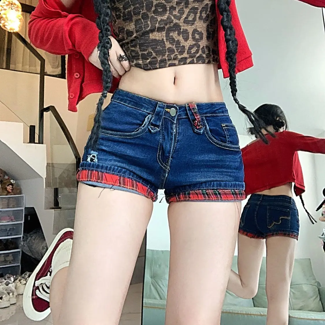 Y2k Plaid Splicing Crimped Low-rise Denim Shorts 2026 New Women Sexy Vintage Fashion Summer