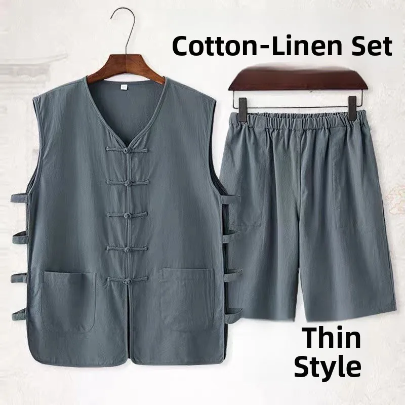 Men's Cotton Linen Sleeveless Vest Shorts Thin Shoulder Pad Traditional Chinese Style Summer Casual Wear Mid-aged Men's Outfit