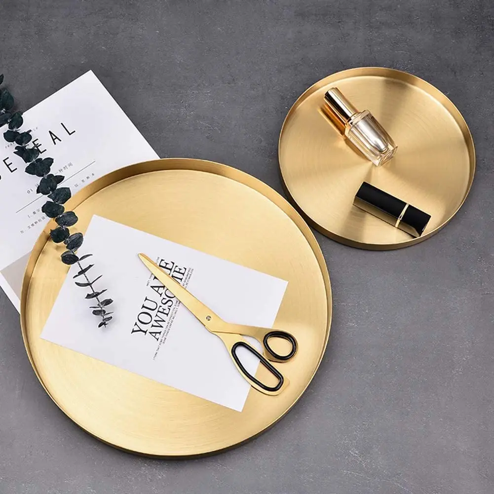 Round Gold Tray Metal Decorative Tray Makeup Tray Organizer for Vanity Bathroom Dress Matte Brass Finish 4.9 Inch