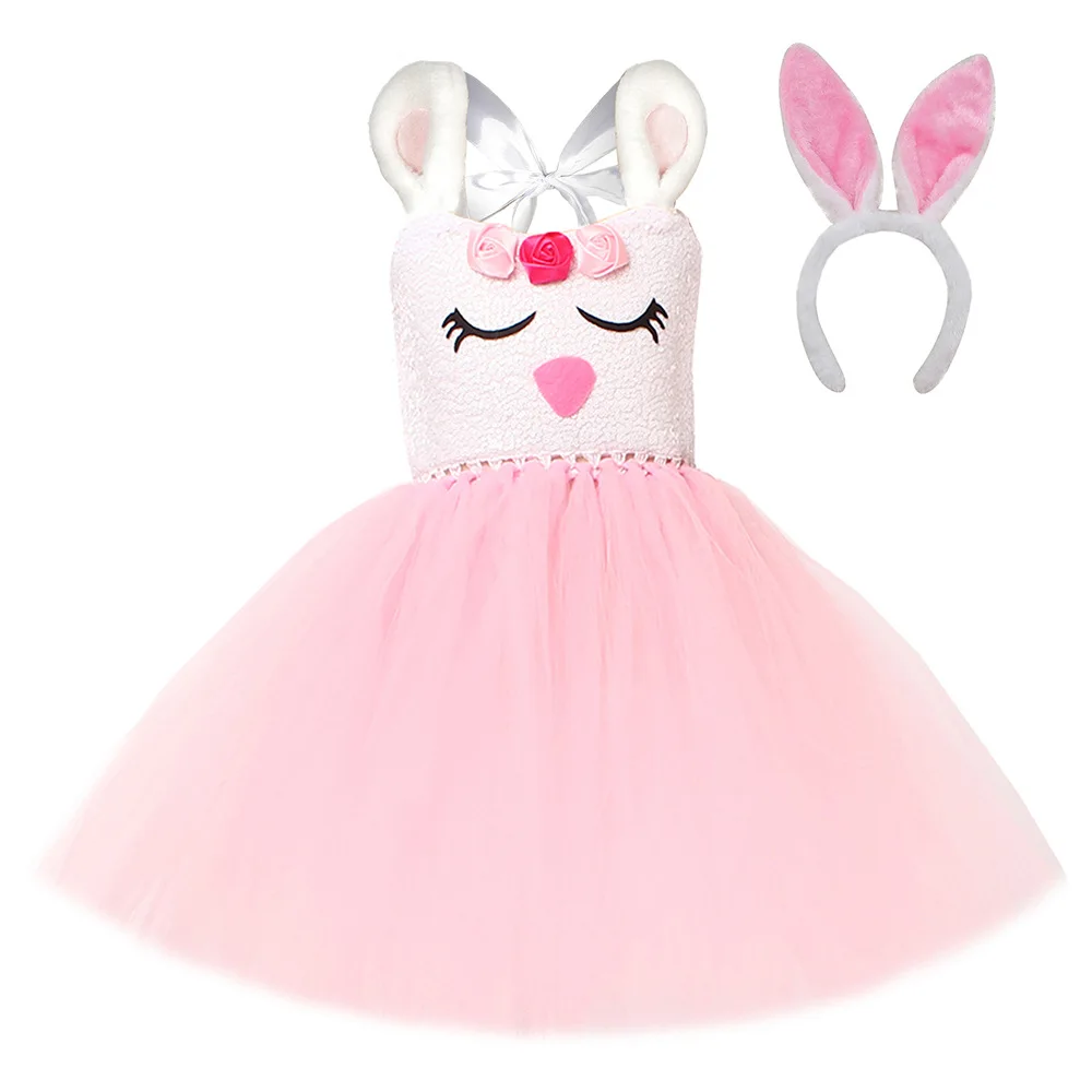New Children Soft Sequin Cartoon Cute Bunny Printed Princess Tulle Tutu Dress For Girls Holiday Birthday Party Role Up Fancy Set