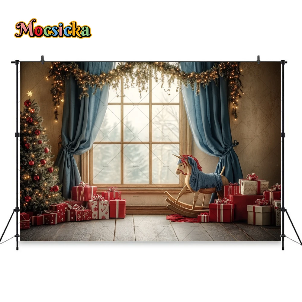 Mocsicka Christmas Toys Gift Room Background Photography Xmas Tree Window Wooden Horse Backdrop Winter Kid Birthday Photo Studio