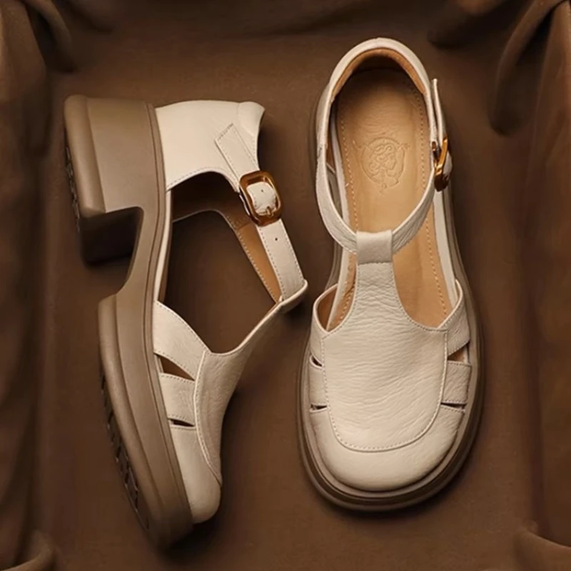 Thick Soled Women's Shoes Thick Heel Woman Sandals Retro Hollow Out Roman Shoes Walking Comfort Genuine Leather Women's Sandals
