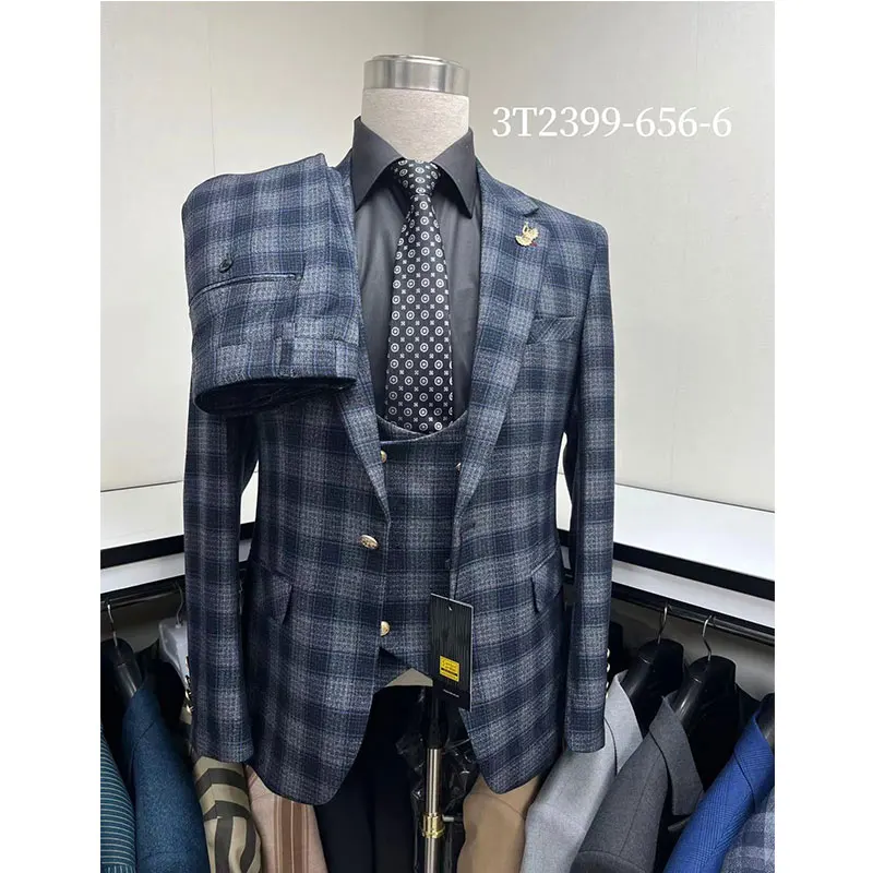 #C-C01 # Fashionable men's checkered suit three piece set