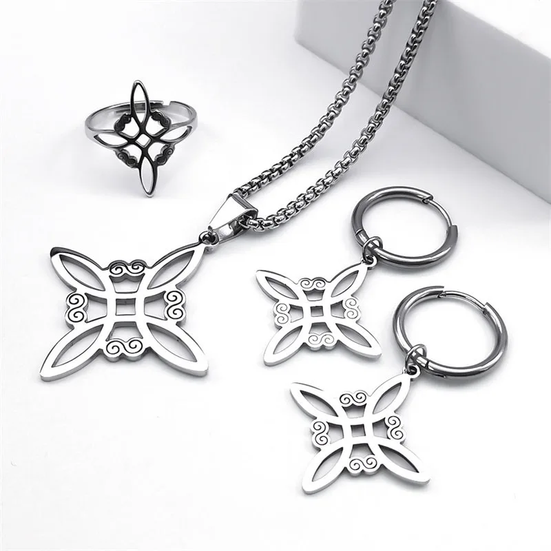 4-teiliges Edelstahl-Set mit keltischem Hexenknoten, Halskette, Ohrringen und Ringen für Frauen, Wicca-Hexerei-Schmuck