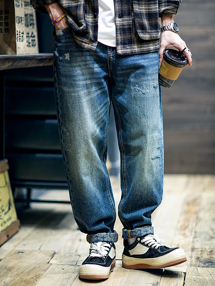 Spring Autumn Men's Loose Fit Distressed Denim Jeans Cone Shape Harlan Casual Washed Cotton Polyester Blend Wear Resistant