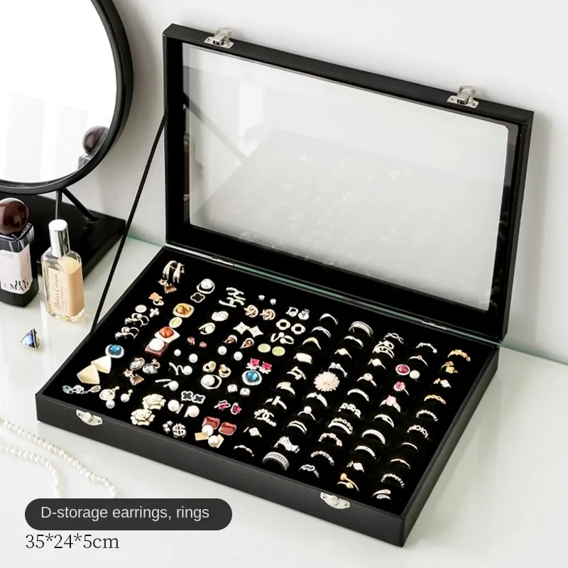 Stijlvolle zwarte sieradenopbergdoos voor oorbellen, kettingen, ringen, armbanden en andere accessoires met transparant glazen deksel