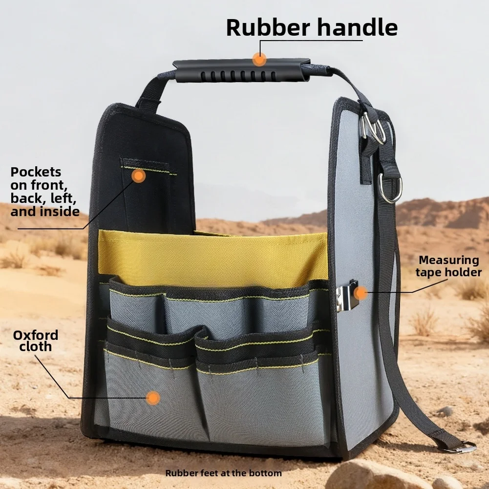 Yellow Oxford Nylon Electrician Tool Bag With Shoulder Strap 12 Pockets Large Capacity Hardware Storage For Portable Toolkit