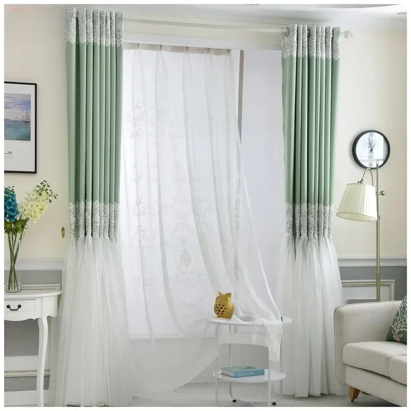 New French Romantic Princess Style Green Lace Stitching Blackout Curtains for Living Dining Room Bedroom  Finished Partition