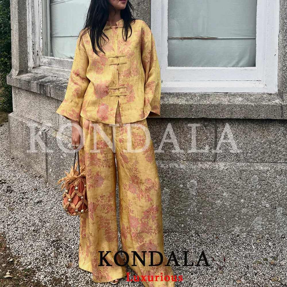 KONDALA Vintage Chic Yellow Floral Satin Women Suits Loose Women Shirts Wide Leg Long Pants Fashion 2026 Fall Elegant Women Set