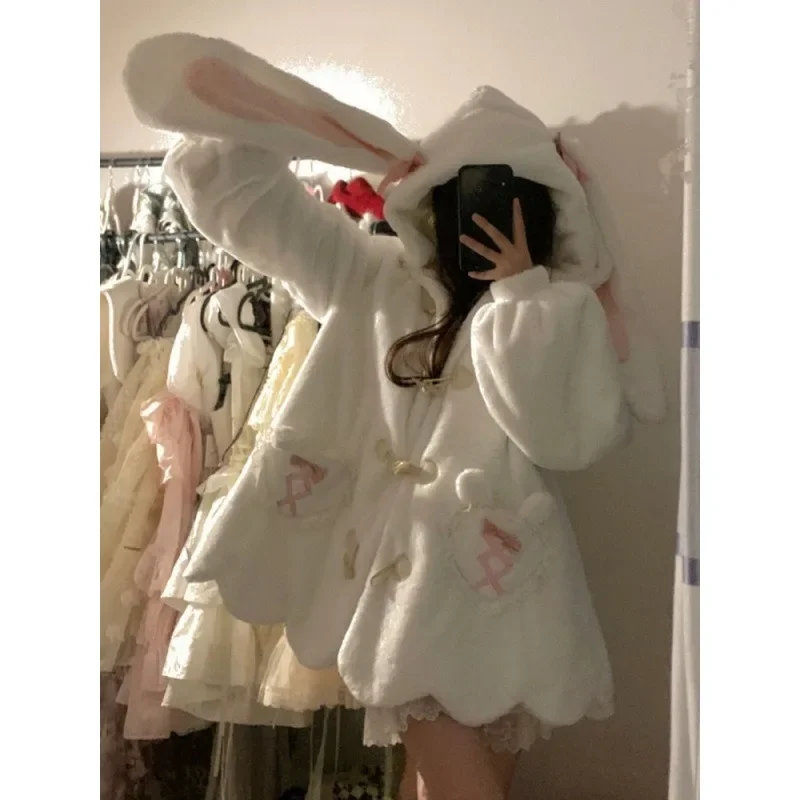 Lautaro Autumn Winter Sweet Cute Kawaii Warm Color Block Faux Fur Coat Hoodie Women with Bear Ears Luxury Fluffy Jacket 2024