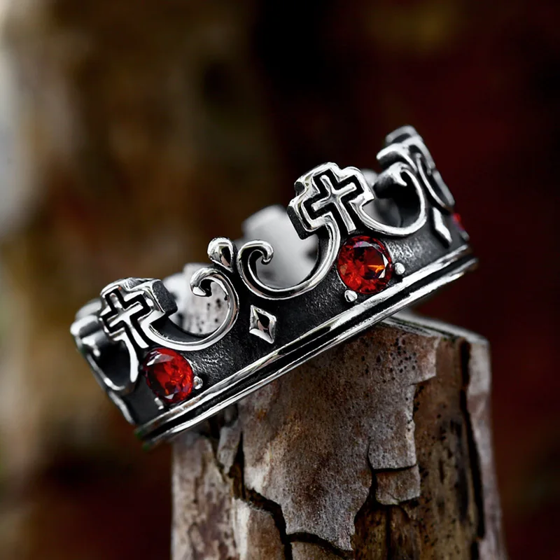 BEIER  New Vintage Northern Europe Stainless Steel crown Ring black/red colour Stone Fashion Retro Cool Jewelry BR8-1140