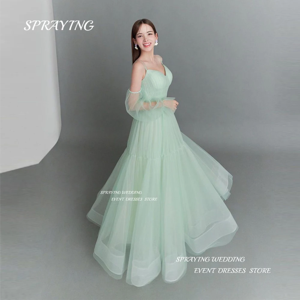 

SPRAYING Simple Green V Neck Wedding Dress Korea Photoshoot Spaghetti Straps A Line Bridal Gown With Puff Sleeve Custom 웨딩드레스