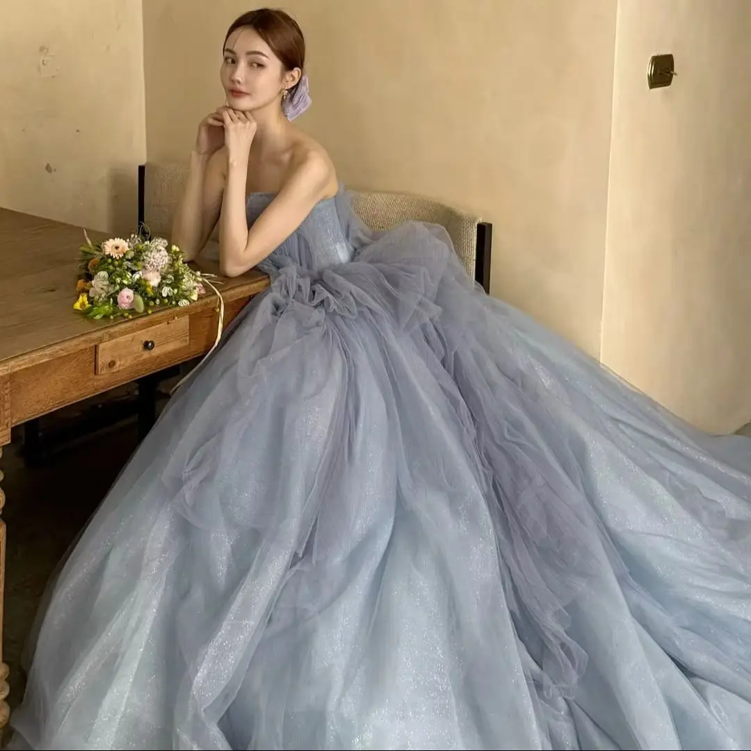 

Giyu Elegant Haze Blue Evening Dresses Korea Wedding Photoshoot Sleeveless Soft Tulle Pleat Formal Party Dress Customsied 2025