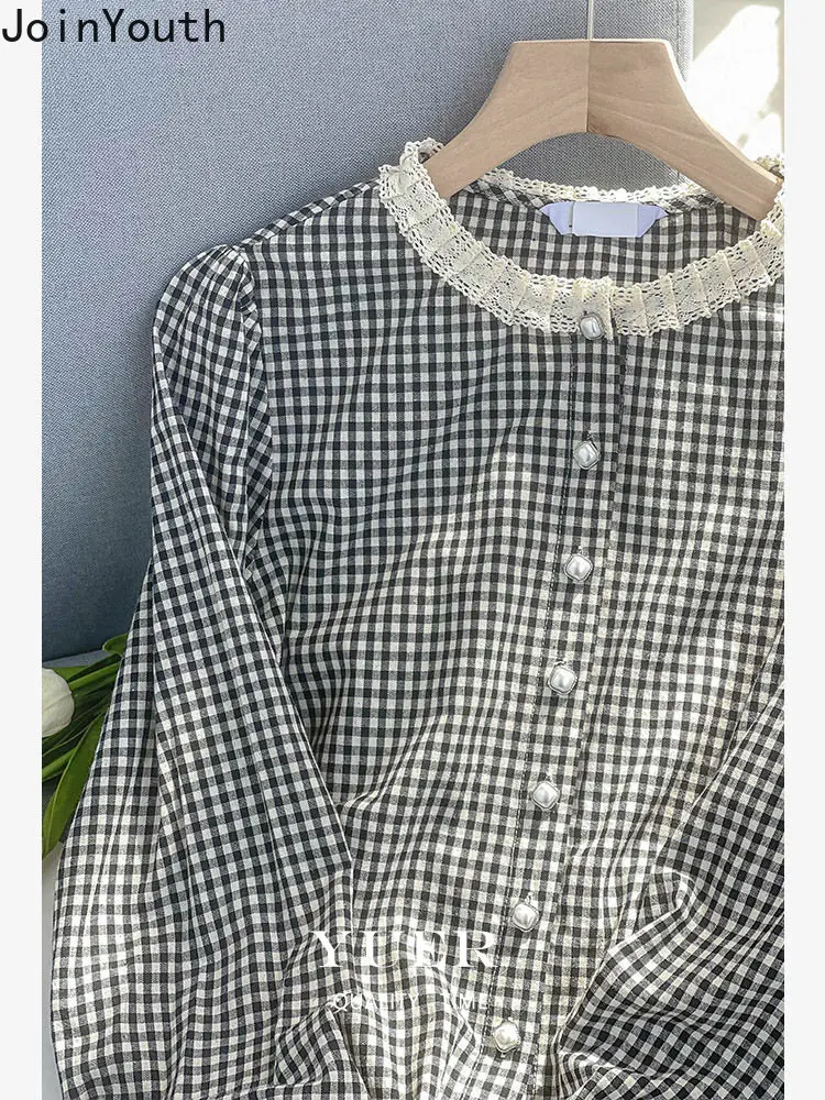 Fashion Plaid Women Blouse 2023 Blusas De Mujer O-neck Long Sleeve Ruffles Temperament Tops Female Tunic Korean Vintage Shirts