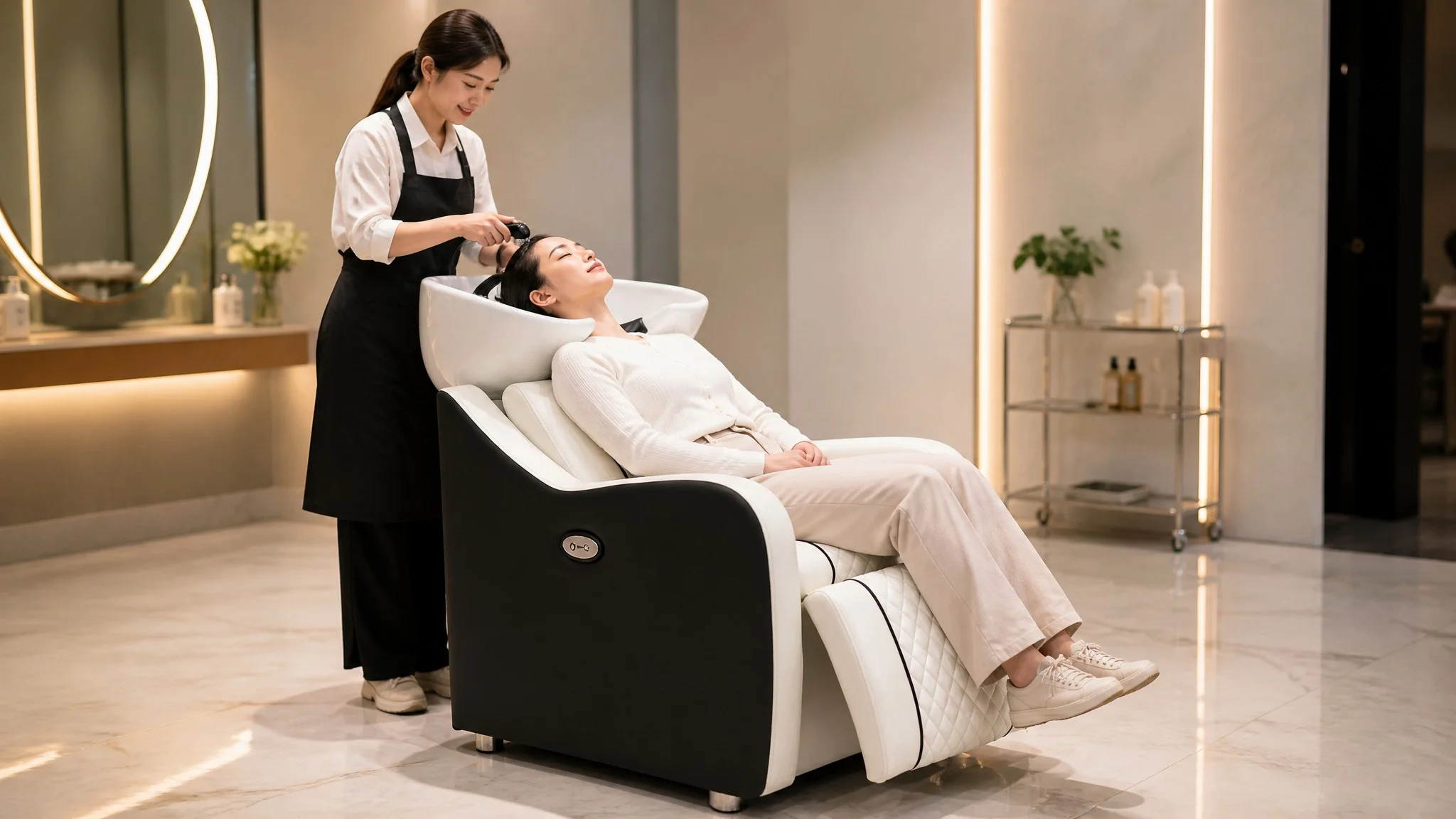 Fuying Durable Commercial Beauty Salon Shampoo Chair With Ceramic Basin And Leather Design For Barber Shop Hospital Bathroom Use