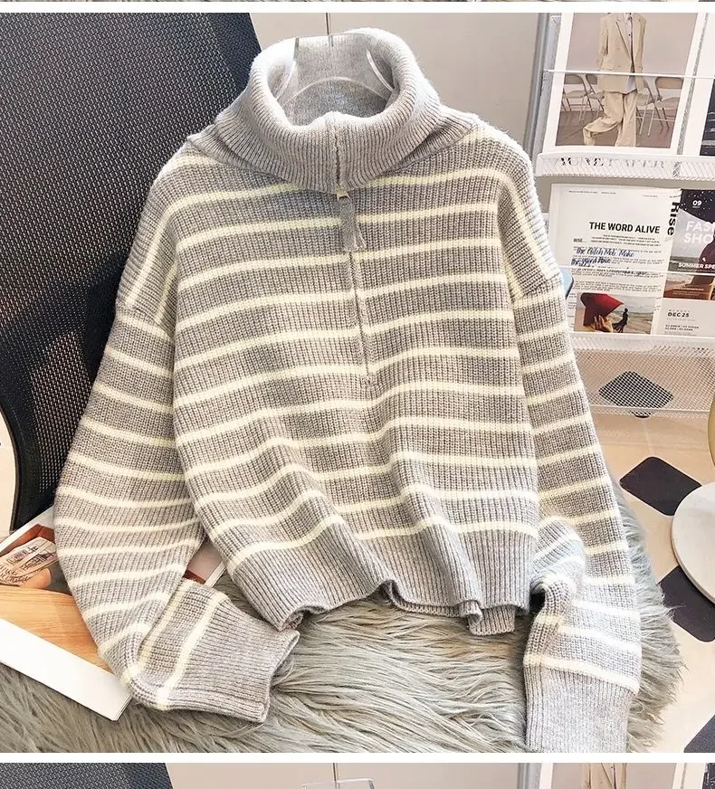 Korejpaa Striped Turn-down Collar Sweaters Women Half Zipper Pullover Top Autumn Winter Korean Style Knitted Pull Femme