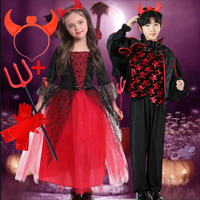 Gothic Vampire Costume for Little Girl Halloween European Vintage Zombie Apparel Day of the Dead Carnival Kid Street Party Dress