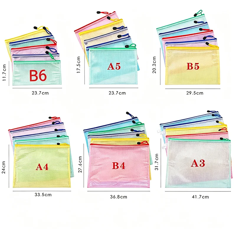 5/10Pcs A4/A5/B4/B5 Stationery Storage Folder File Mesh Zipper Pouch Document Bag Zip File Folders School Office Supplies