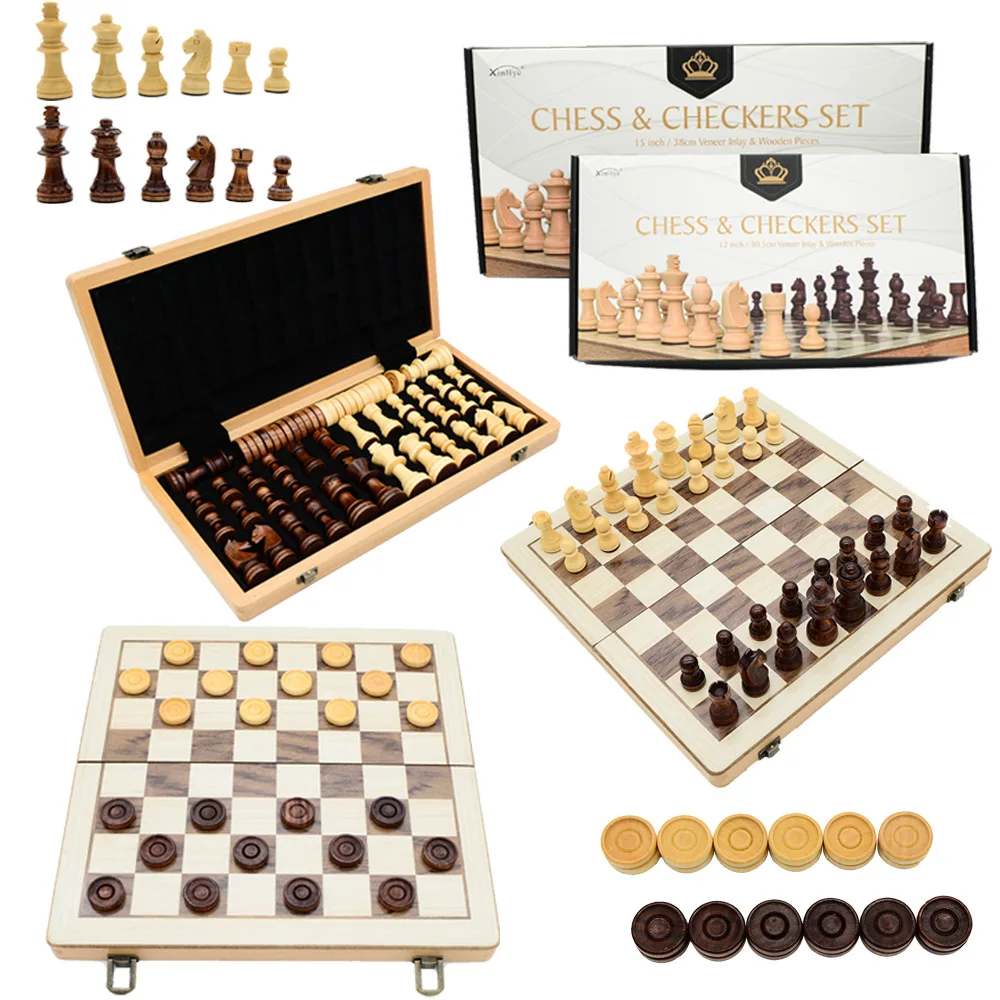 2-in-1 Chess Checkers Wooden With Double Rear Professional-grade Chess And Card Board Game Toys, Non-magnetic