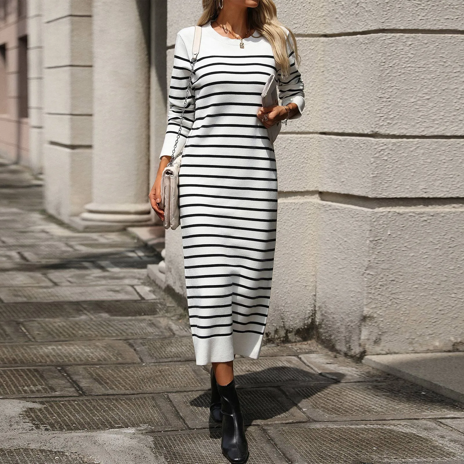 Damska codzienna elegancka sukienka w paski, dopasowana sukienka bodycon, patchworkowa sukienka streetwearowa, sukienka z długim rękawem, dzianinowa sukienka biurowa, jesień, wakacje, vestido