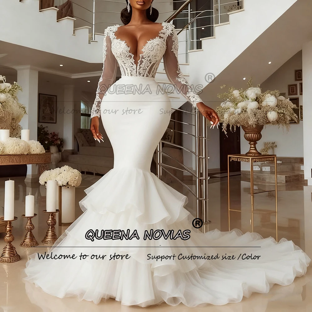 

Exclusive Lace Appliques Wedding Dress For Bride Tiered Tulle Mermaid Bridal Gowns Customized فستان سهرة نسائي