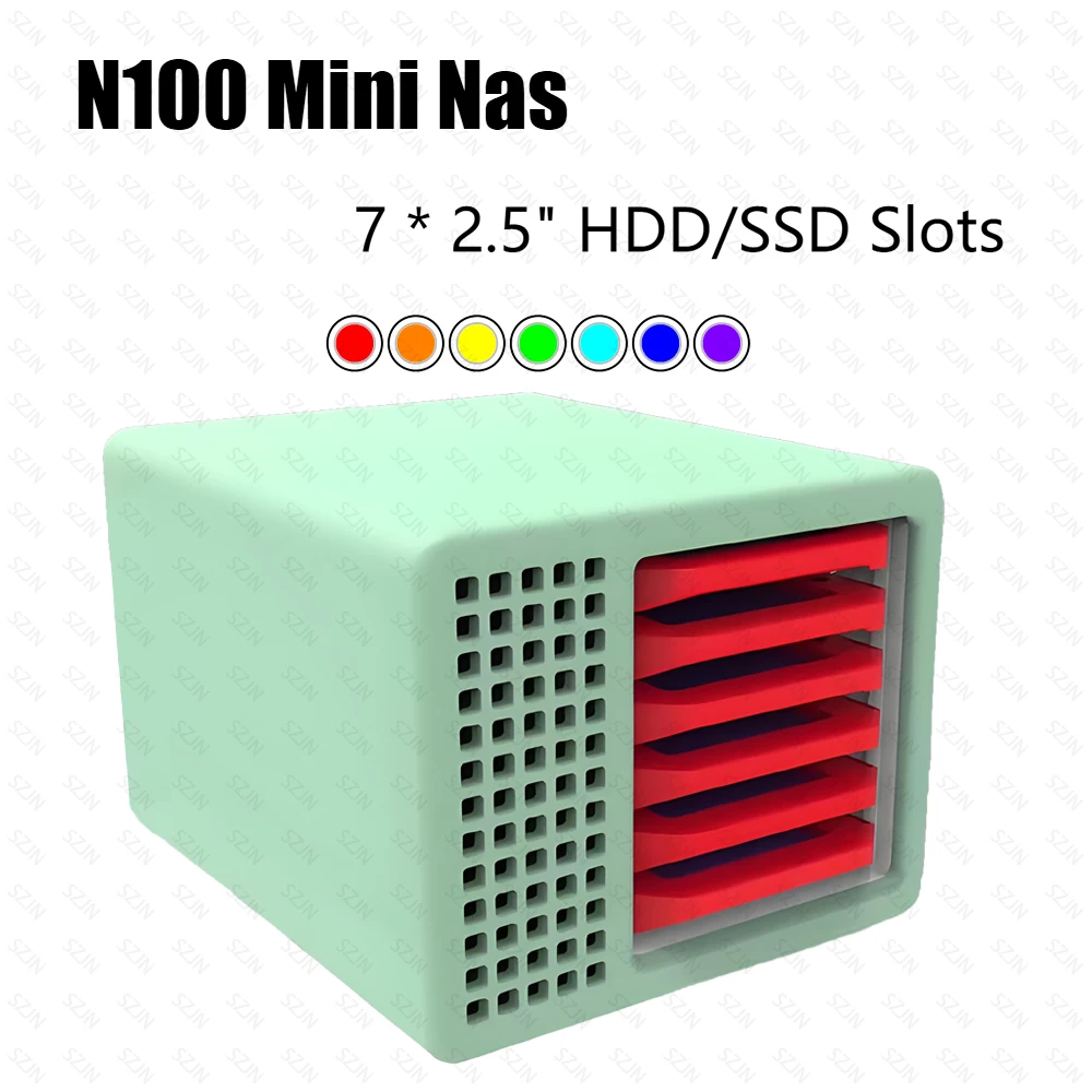 

Customized NAS Set MINI Qnas 7 HDD/SSD Solt ABS Material with N100 Motherboard DDR5 16G Support 7x2.5" HDD/SSD 17*14*12CM Size
